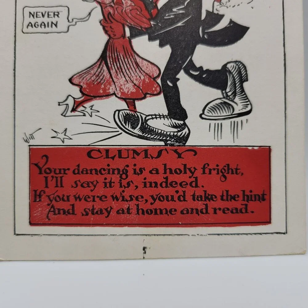 Antique‎ Valentine Postcard Clumsy Dancing Humor Red Heart Cartoon Made In USA